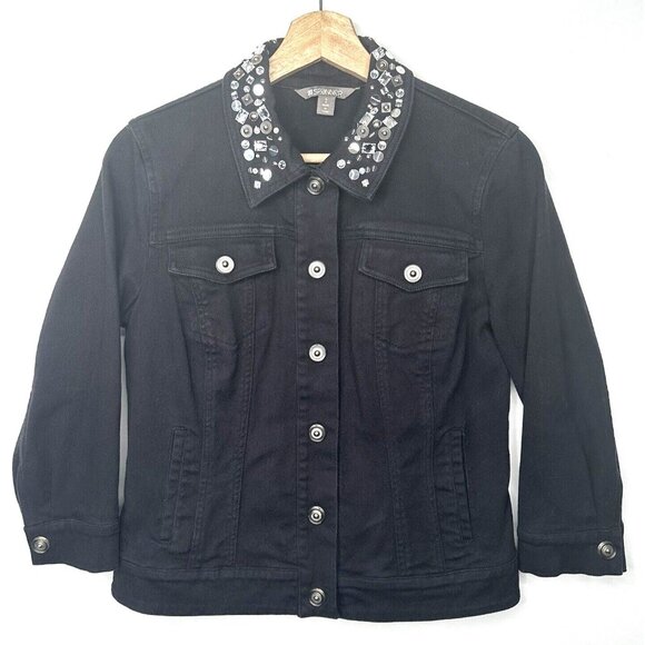 Spanner Womens Denim Jean Jacket Rhinestone Collar Boho Snap Button Black Size 2 - Picture 1 of 12